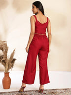 Wine Solid Crop Top with Pant and Jacket