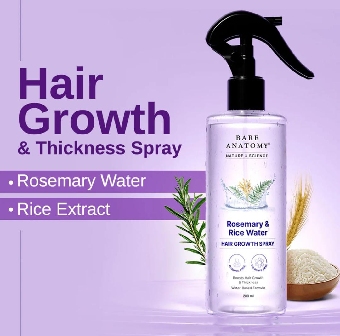 Bare Anatomy. Rosemary Water Spray for Hair Growth with Rice water, 100% Natural Extract | 200ml