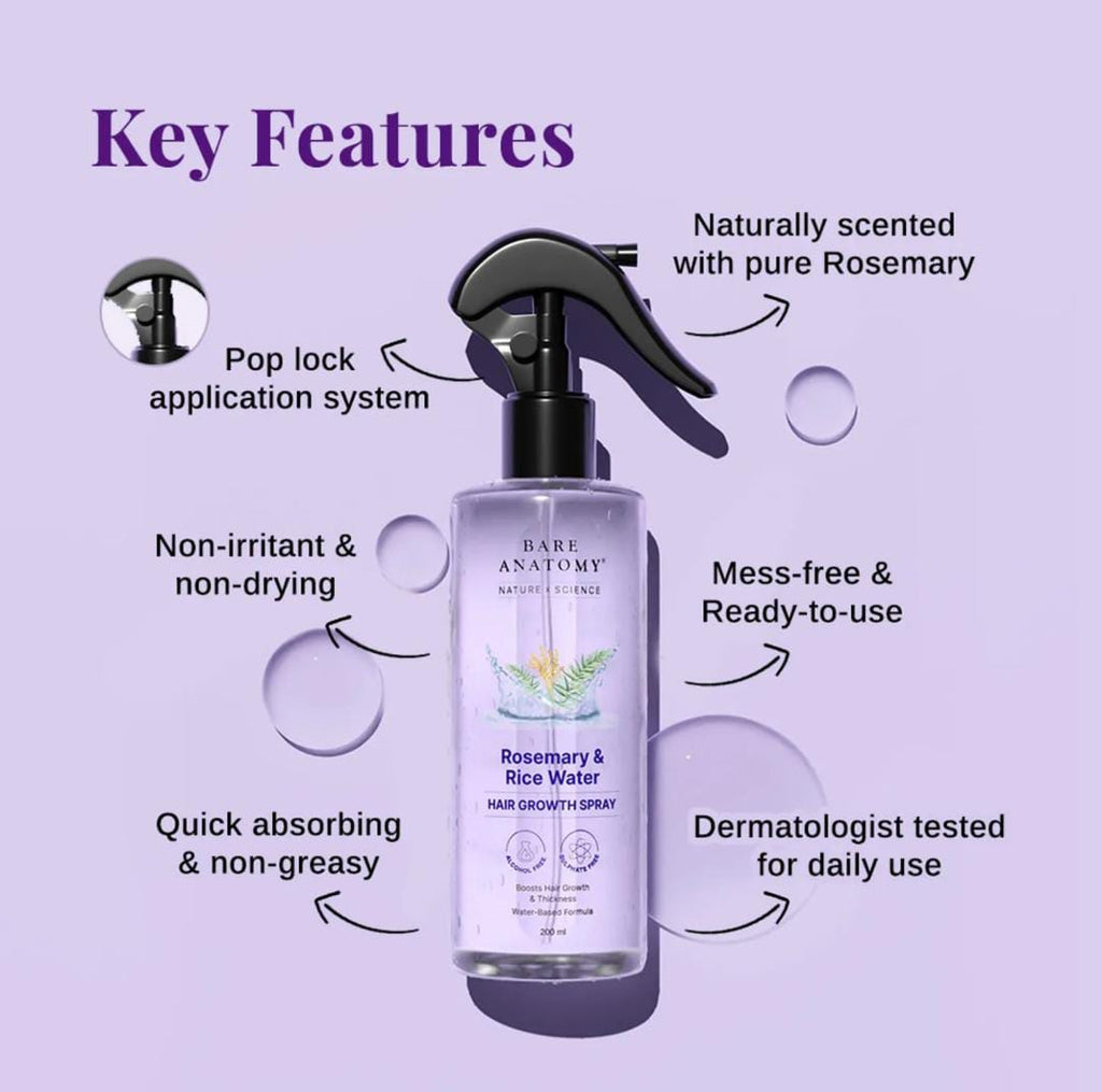 Bare Anatomy. Rosemary Water Spray for Hair Growth with Rice water, 100% Natural Extract | 200ml