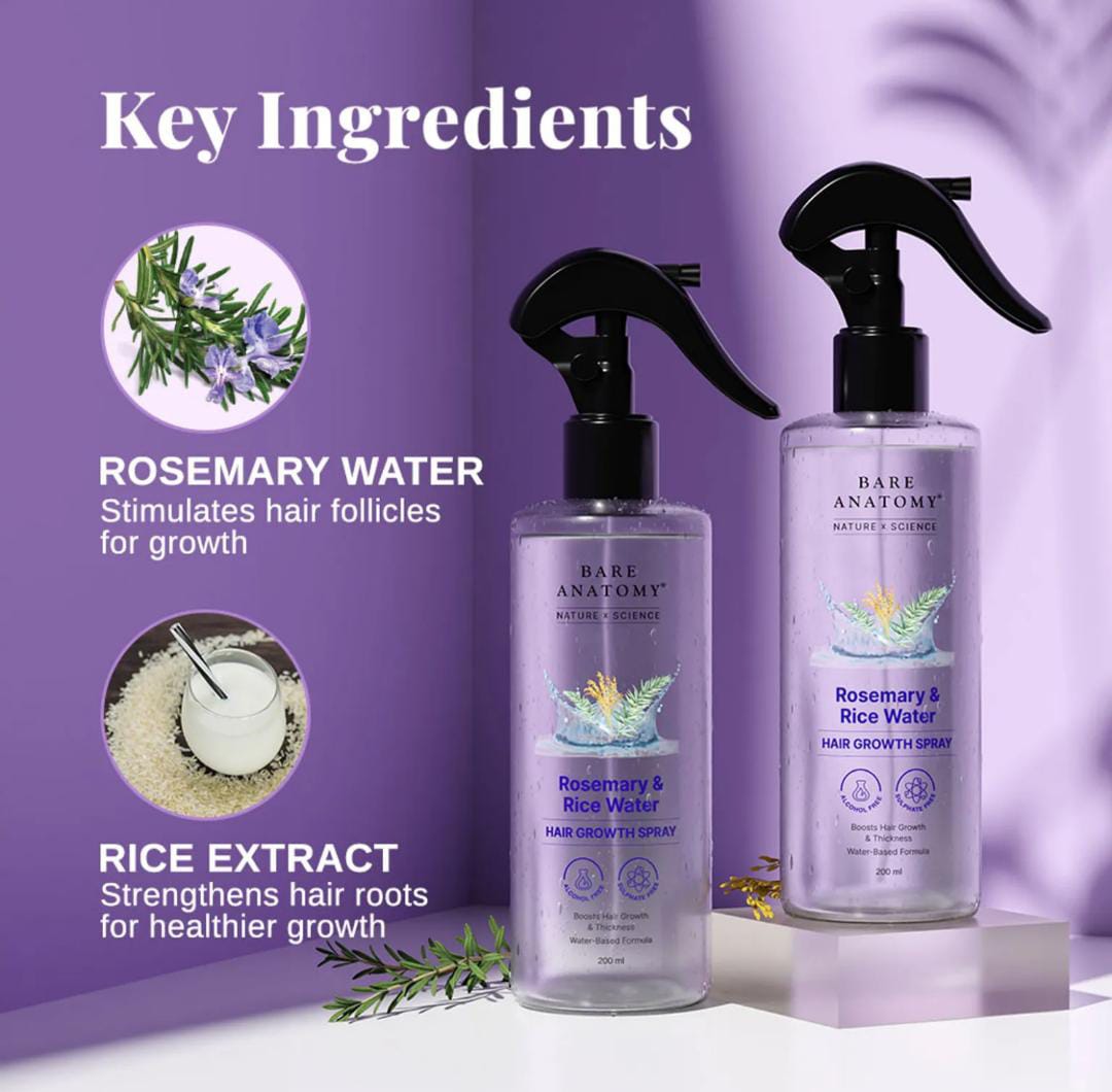 Bare Anatomy. Rosemary Water Spray for Hair Growth with Rice water, 100% Natural Extract | 200ml