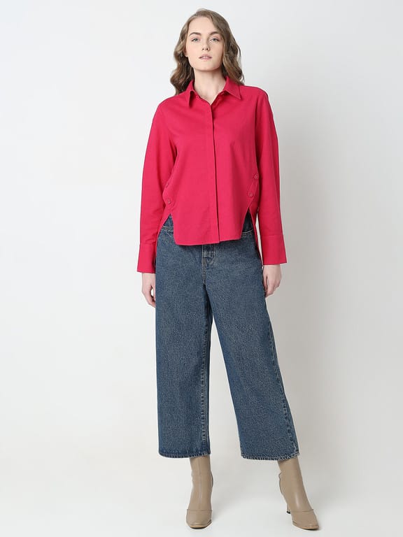 Women Regular Fit Solid Spread Collar Casual Shirt