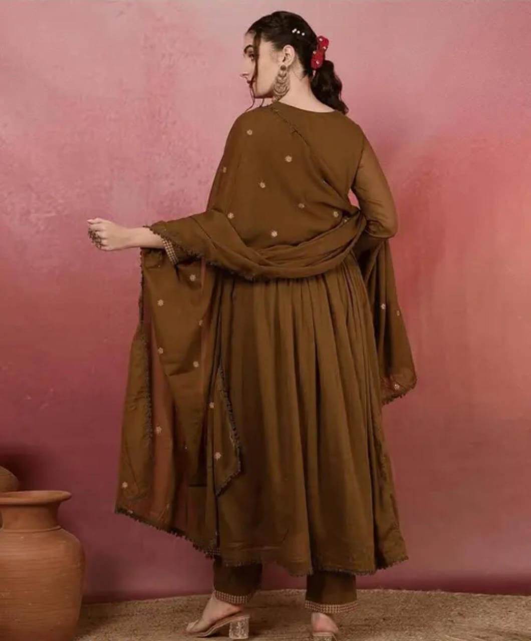 Krishika Wine 3-Piece Frock Shalwar Set