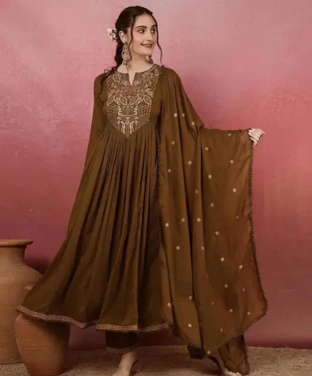 Krishika Wine 3-Piece Frock Shalwar Set