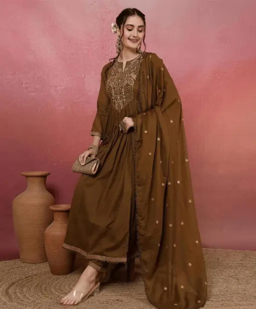 Krishika Wine 3-Piece Frock Shalwar Set