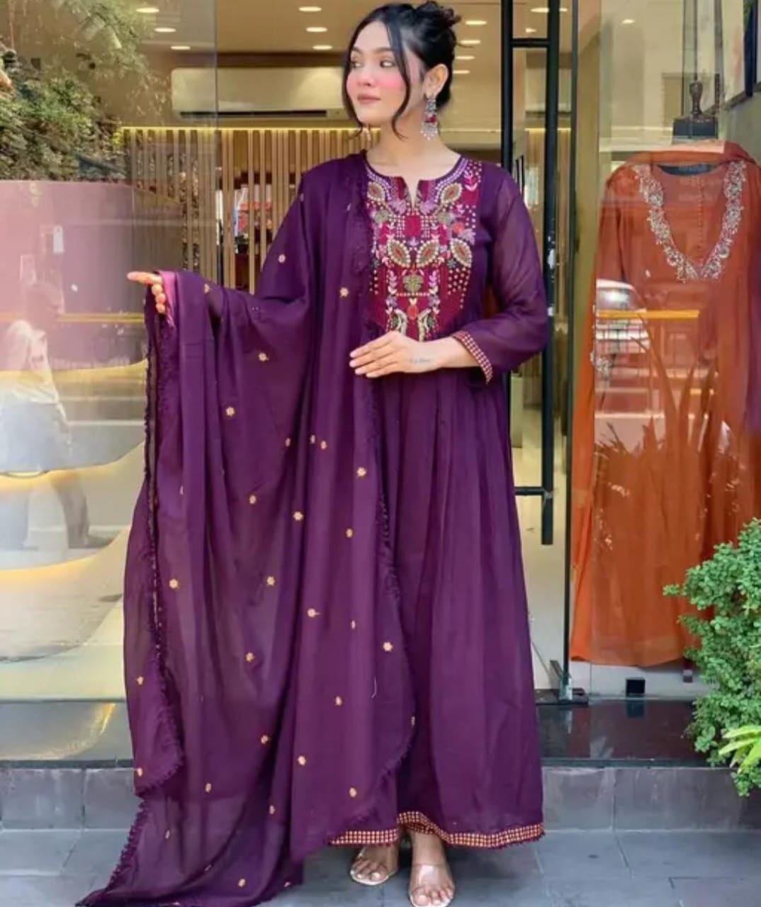 Krishika Wine 3-Piece Frock Shalwar Set