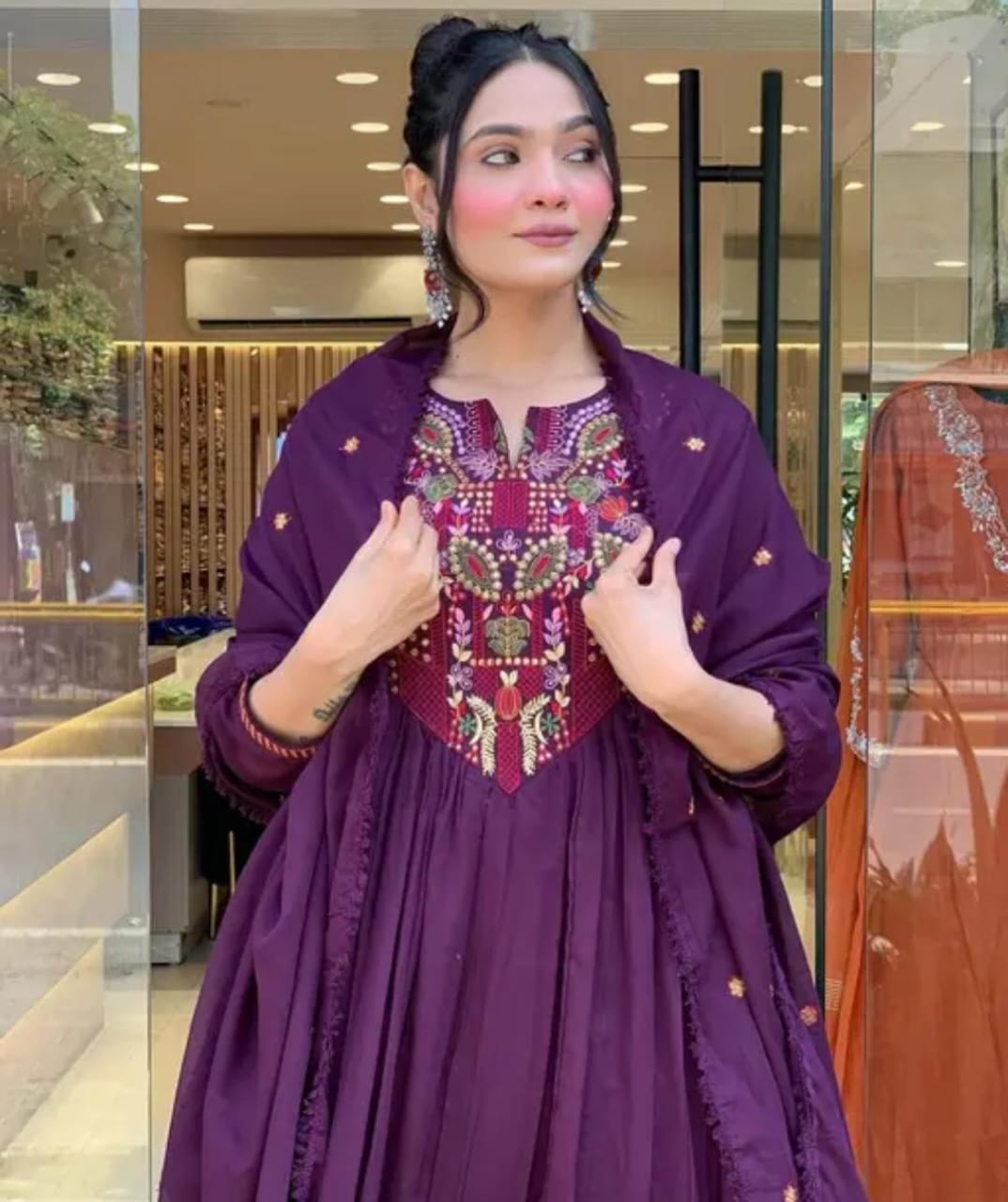 Krishika Wine 3-Piece Frock Shalwar Set