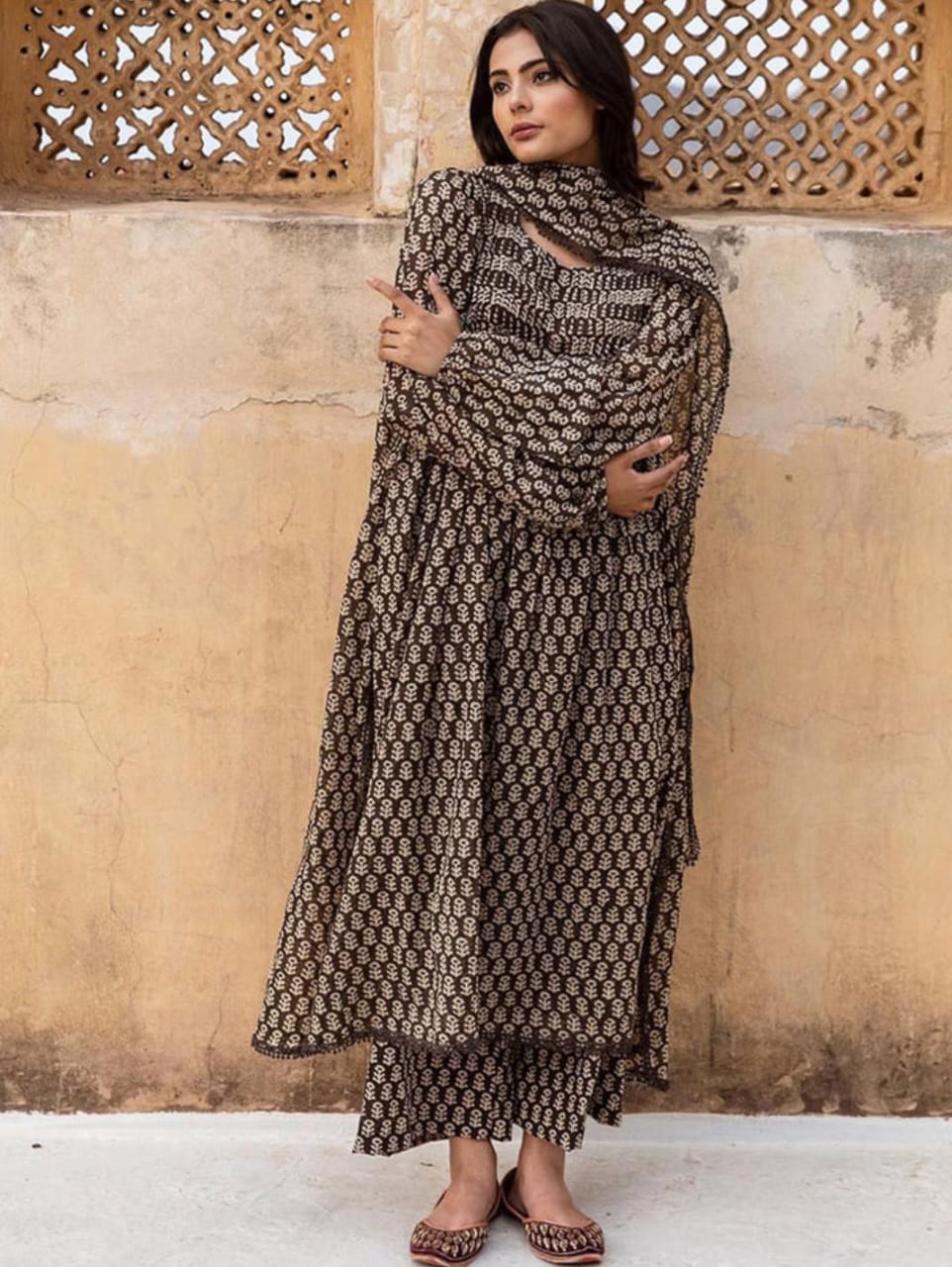Motifs Printed A-Line Kurta with Palazzo & Dupatta
