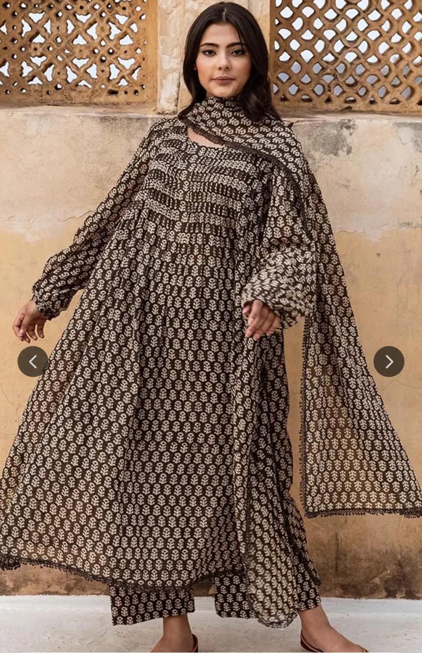 Motifs Printed A-Line Kurta with Palazzo & Dupatta