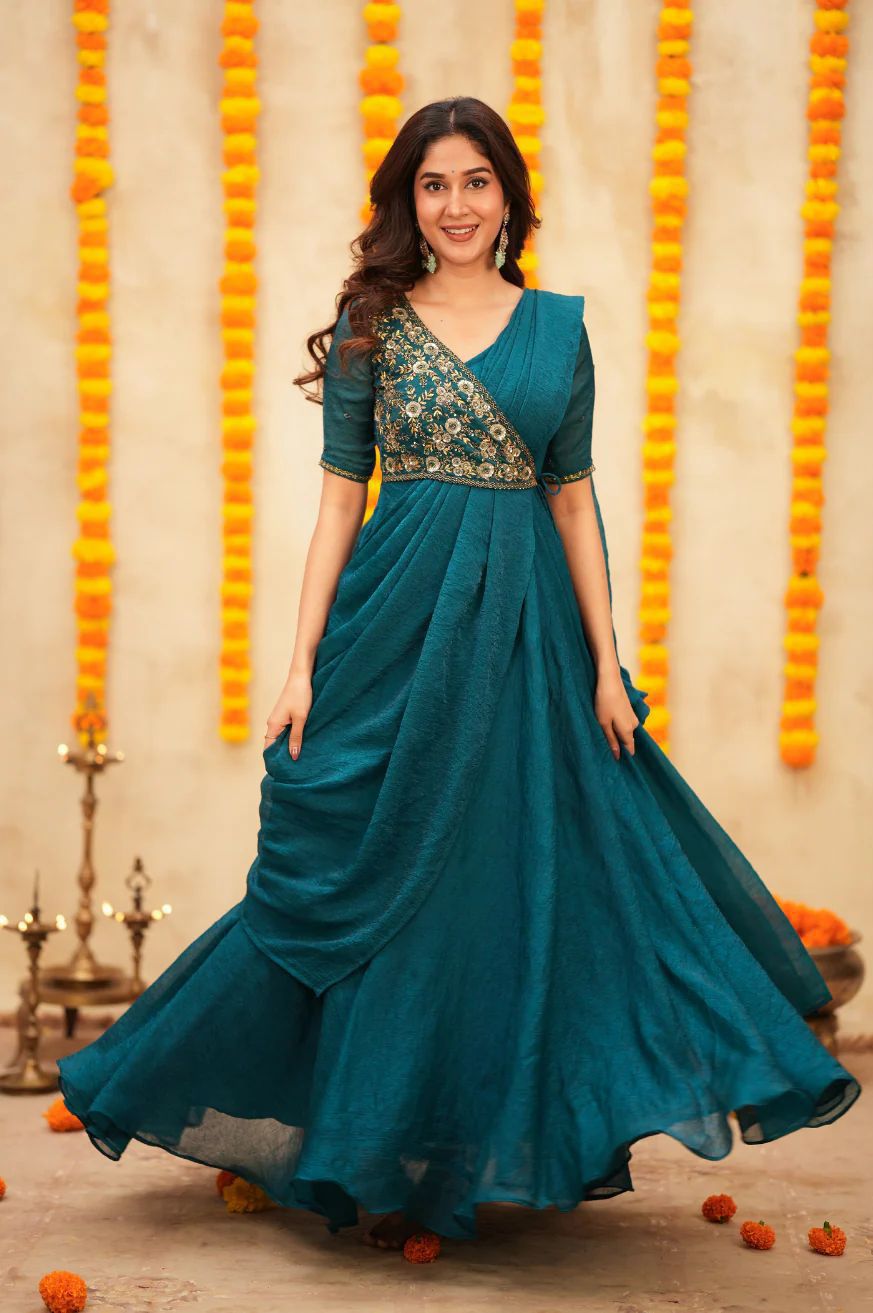 Meenakari’s Pre-Draped Saree–Anarkali