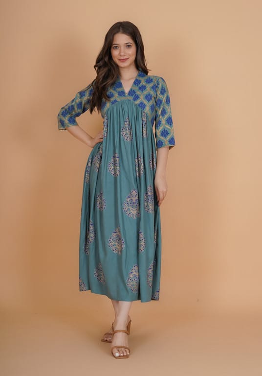 Women Gold Print Viscose Rayon Anarkali Kurta #191