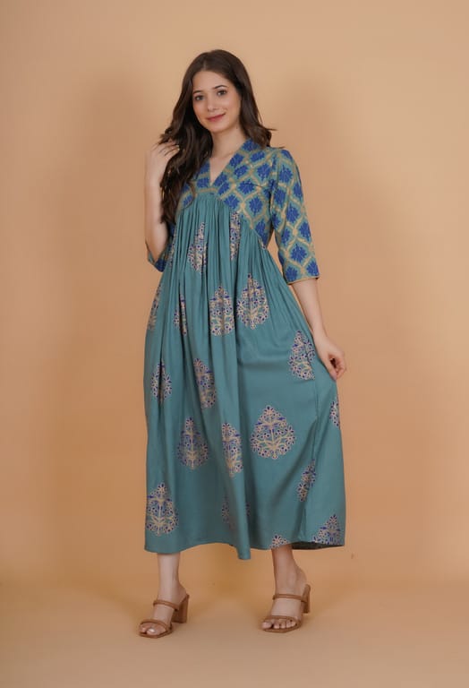 Women Gold Print Viscose Rayon Anarkali Kurta #191