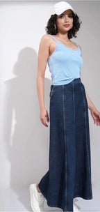 Blue Denim Flared Maxi Skirt #204