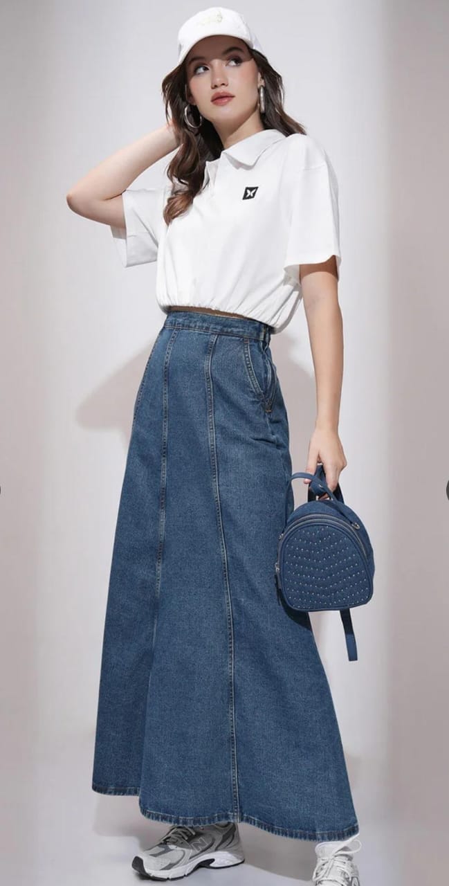 Blue Denim Flared Maxi Skirt #204