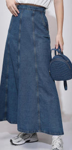 Blue Denim Flared Maxi Skirt #204