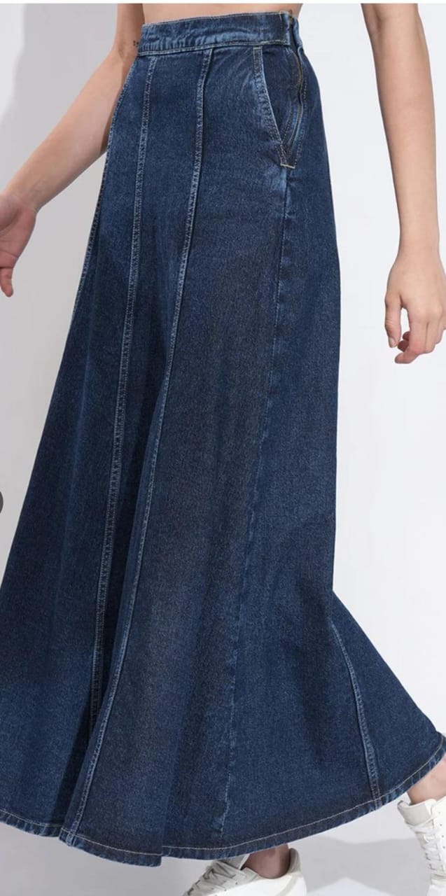 Blue Denim Flared Maxi Skirt #204