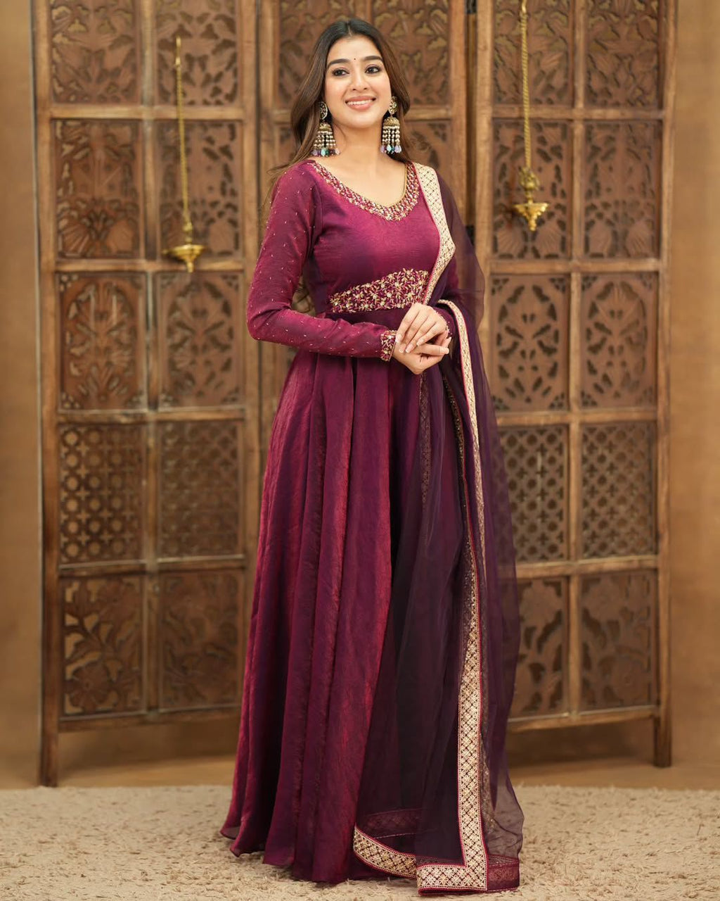 PRAGATHI WINE. Embroidered Vichitra Anarkali Set #215