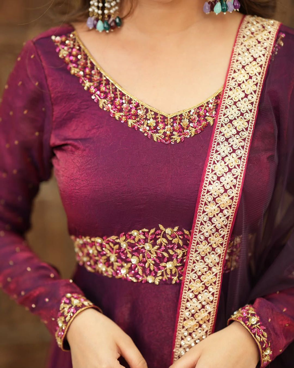 PRAGATHI WINE. Embroidered Vichitra Anarkali Set #215