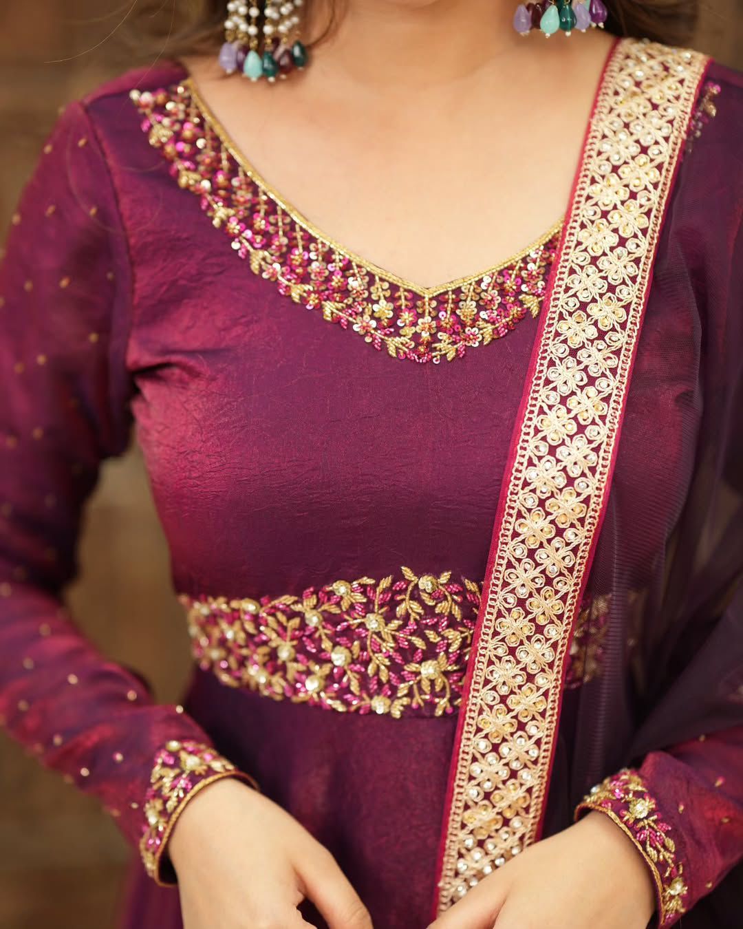 PRAGATHI WINE. Embroidered Vichitra Anarkali Set #215