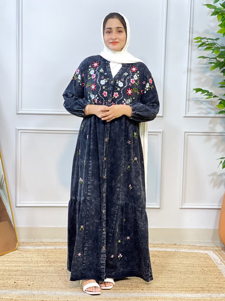 Stylish Modesty Imported Denim Embroidery Gown #223