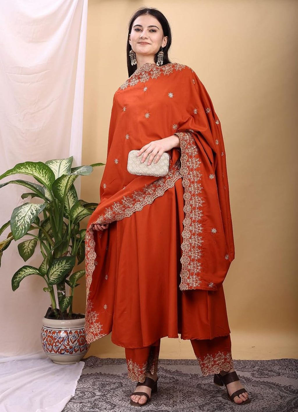 Silk Embroidered Anarkali Kurta Palazzo Set with Dupatta #236