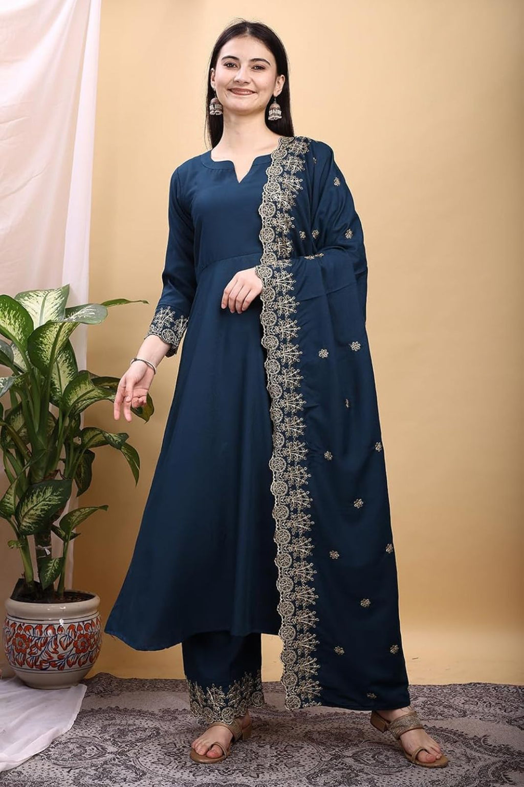 Silk Embroidered Anarkali Kurta Palazzo Set with Dupatta #234