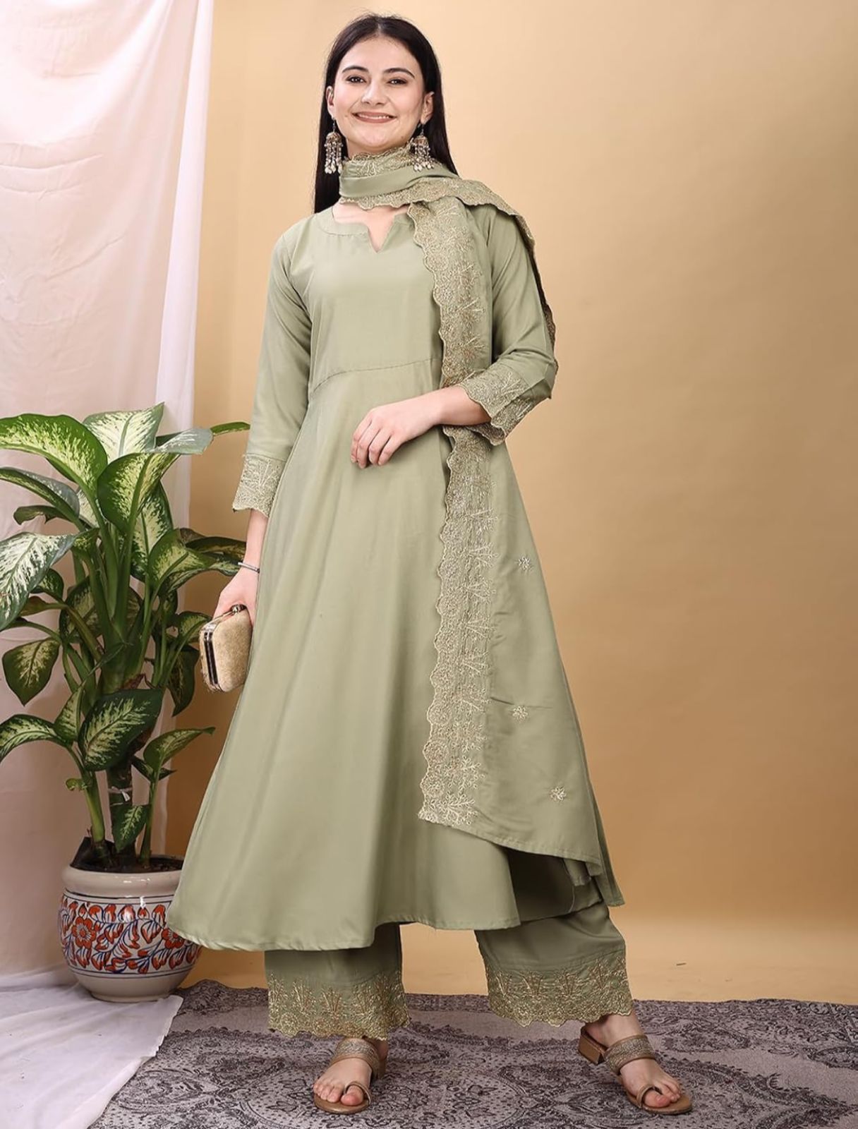 Silk Embroidered Anarkali Kurta Palazzo Set with Dupatta #236