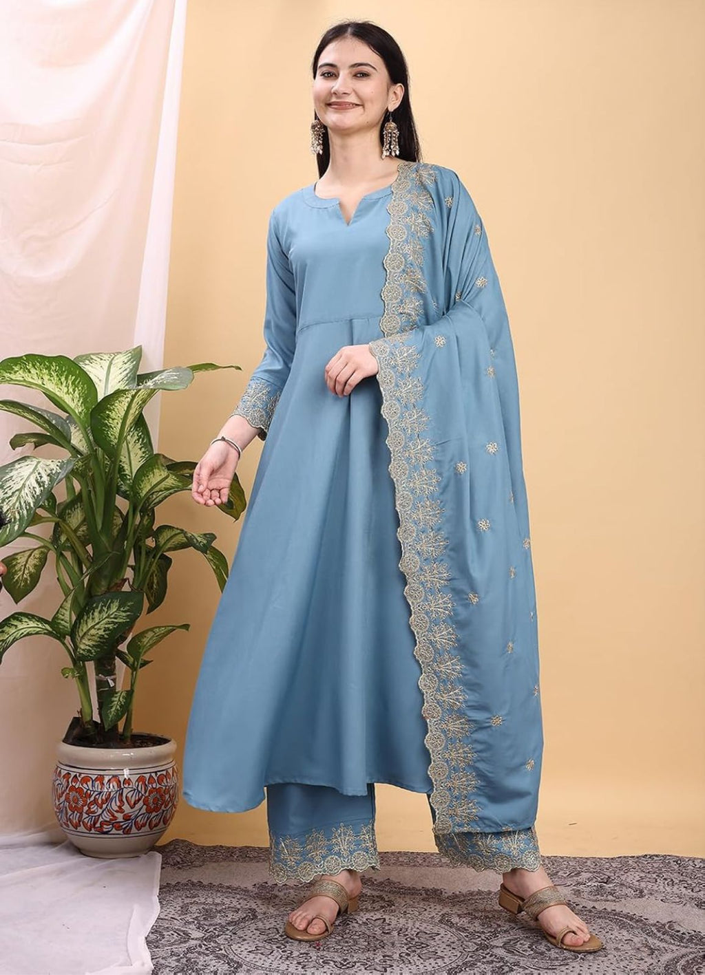 Silk Embroidered Anarkali Kurta Palazzo Set with Dupatta #234