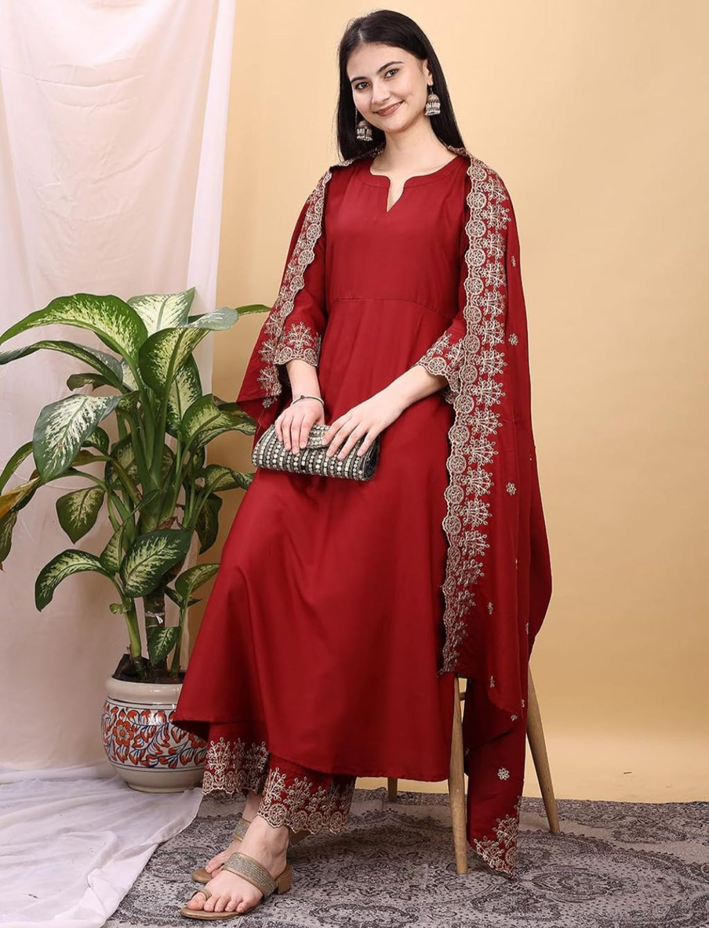 Silk Embroidered Anarkali Kurta Palazzo Set with Dupatta #234