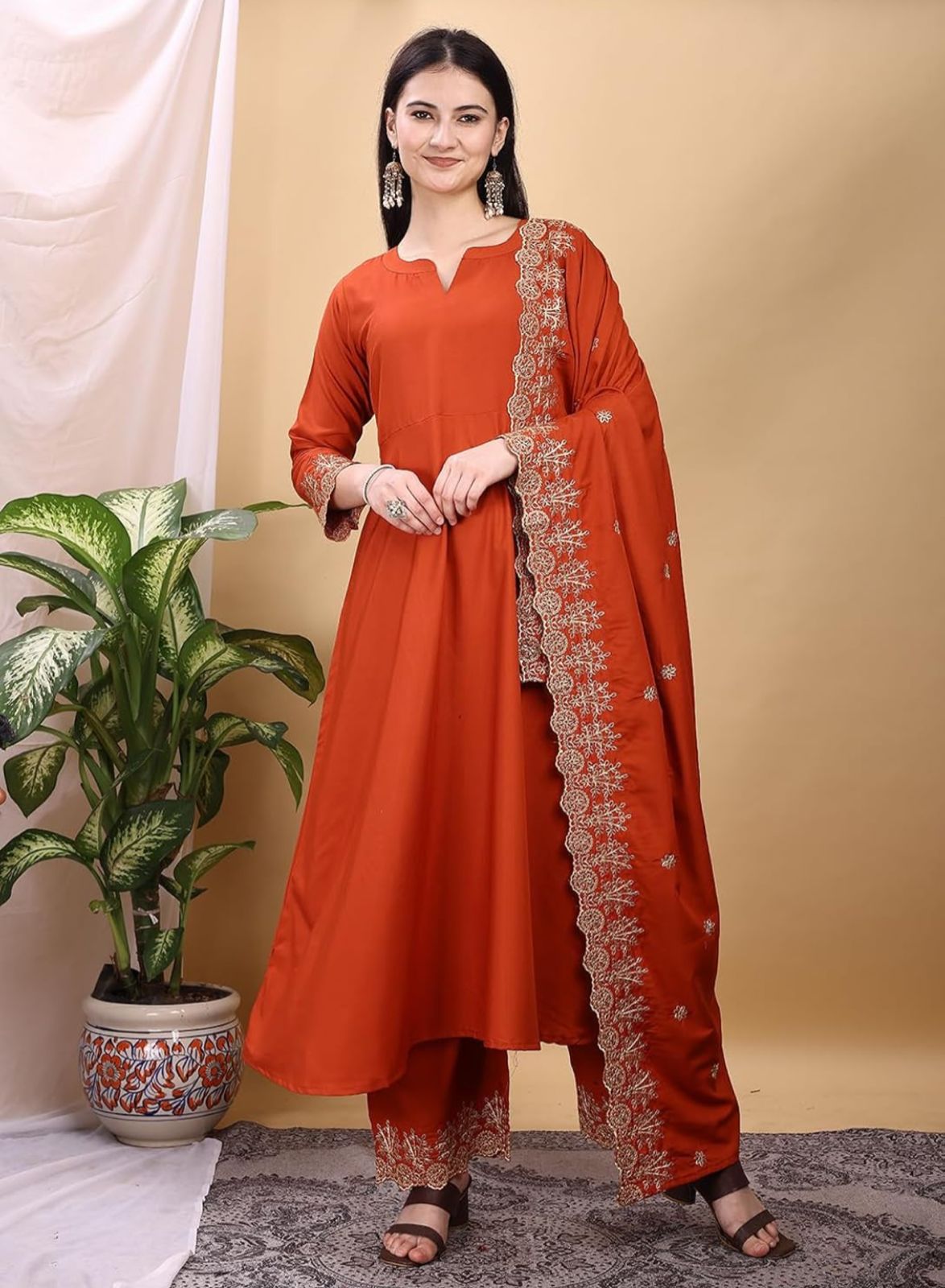 Silk Embroidered Anarkali Kurta Palazzo Set with Dupatta #236