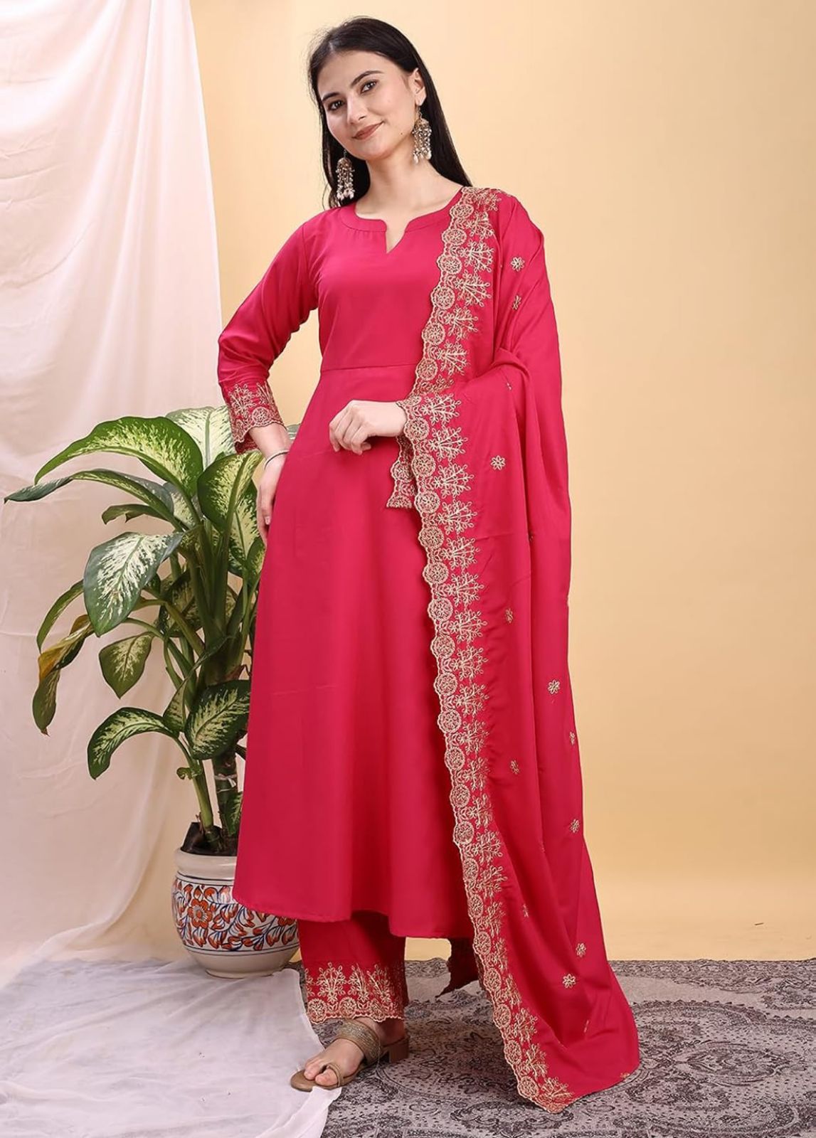 Silk Embroidered Anarkali Kurta Palazzo Set with Dupatta #234