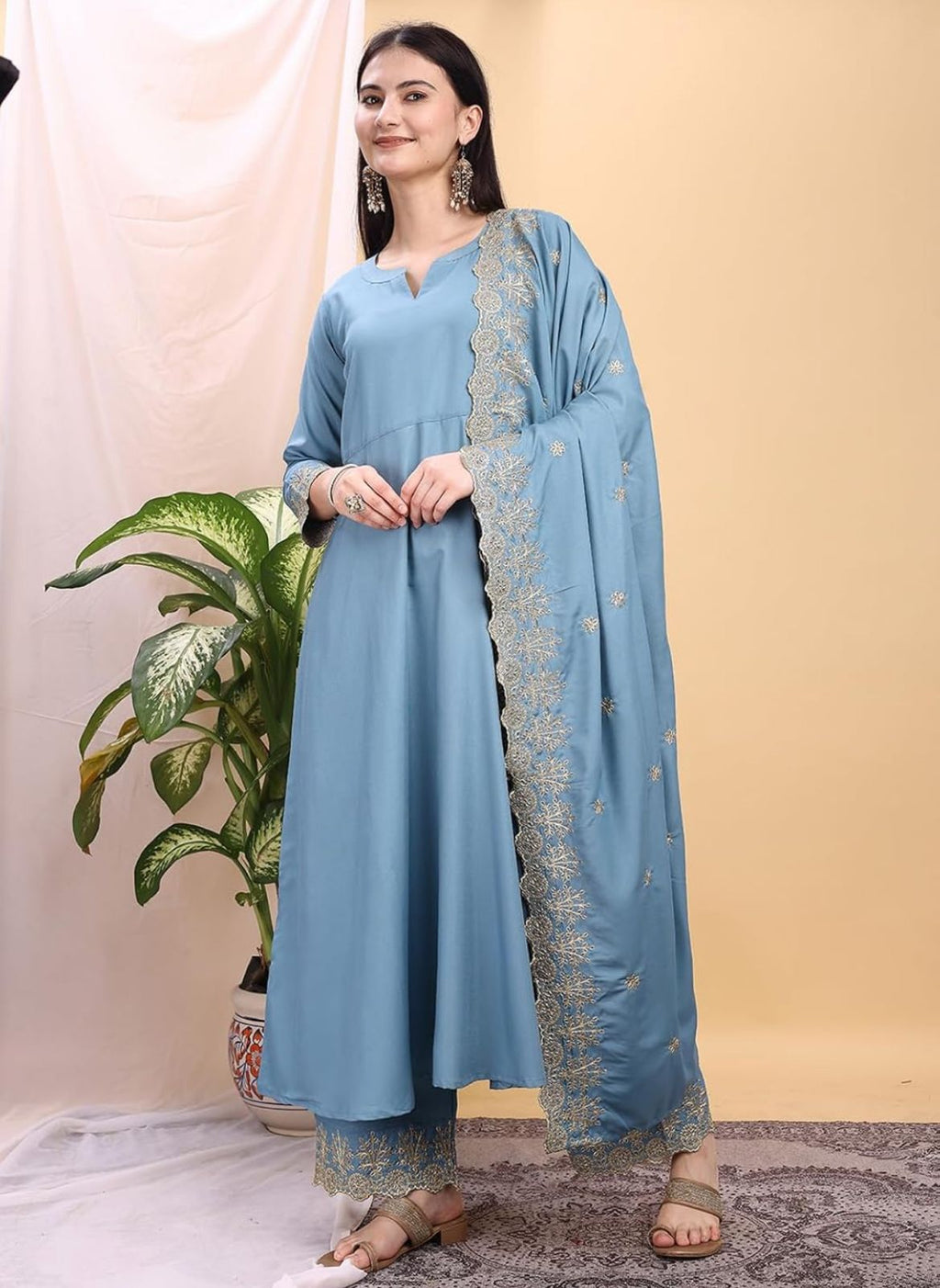 Silk Embroidered Anarkali Kurta Palazzo Set with Dupatta #234