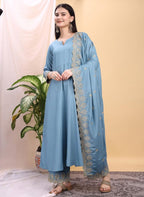 Silk Embroidered Anarkali Kurta Palazzo Set with Dupatta #234