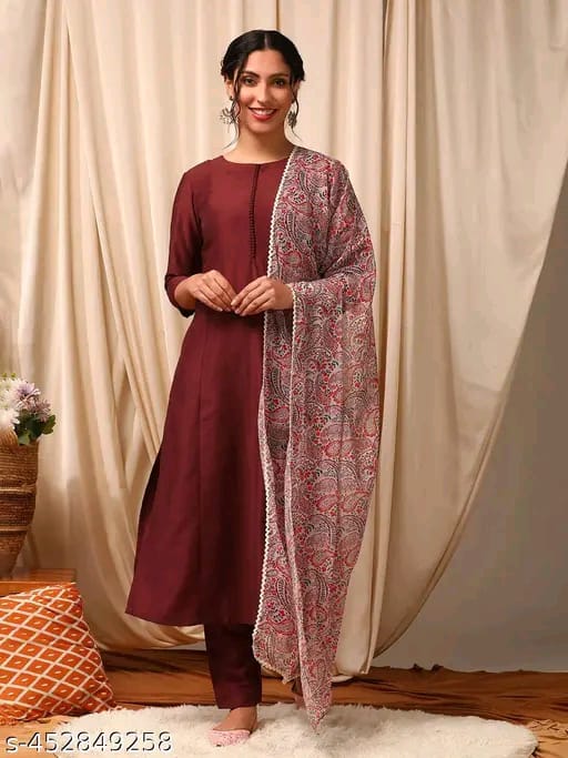 Trendy Cotton Kurta With Printed Dupatta Set #220